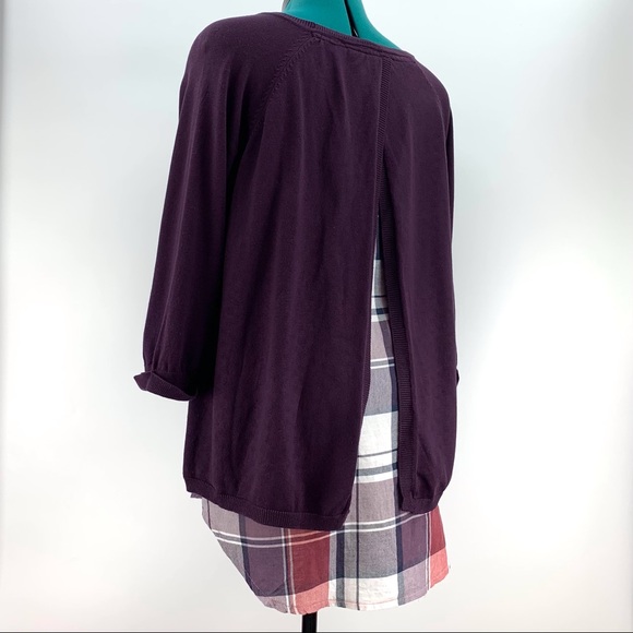 Coupe Collection Purple and Plaid Layered Look 3/4 Sleeve Sweater, Large - Picture 6 of 15